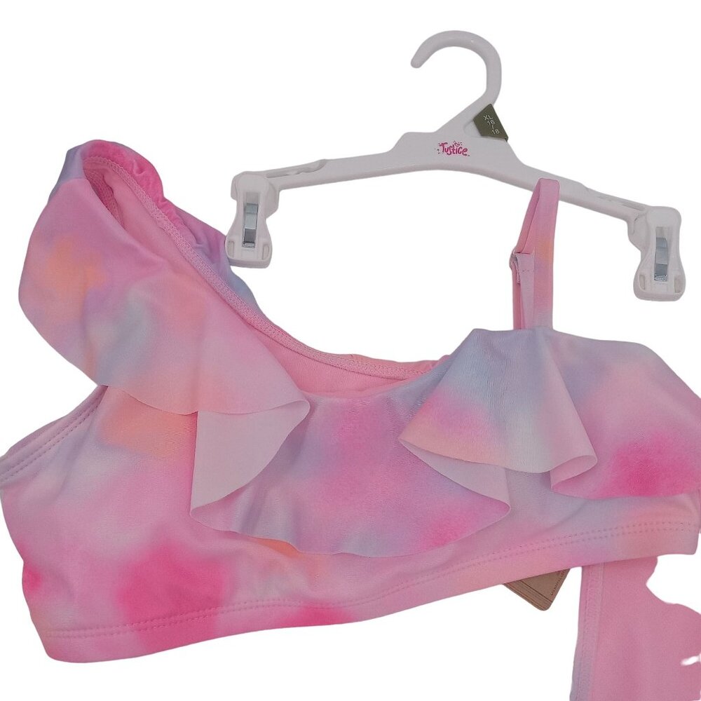 New Justice Girls Pink 2 Piece Bikini Size XL 16 18 Asymmetrical Ruffle Tie Dye - Picture 5 of 12